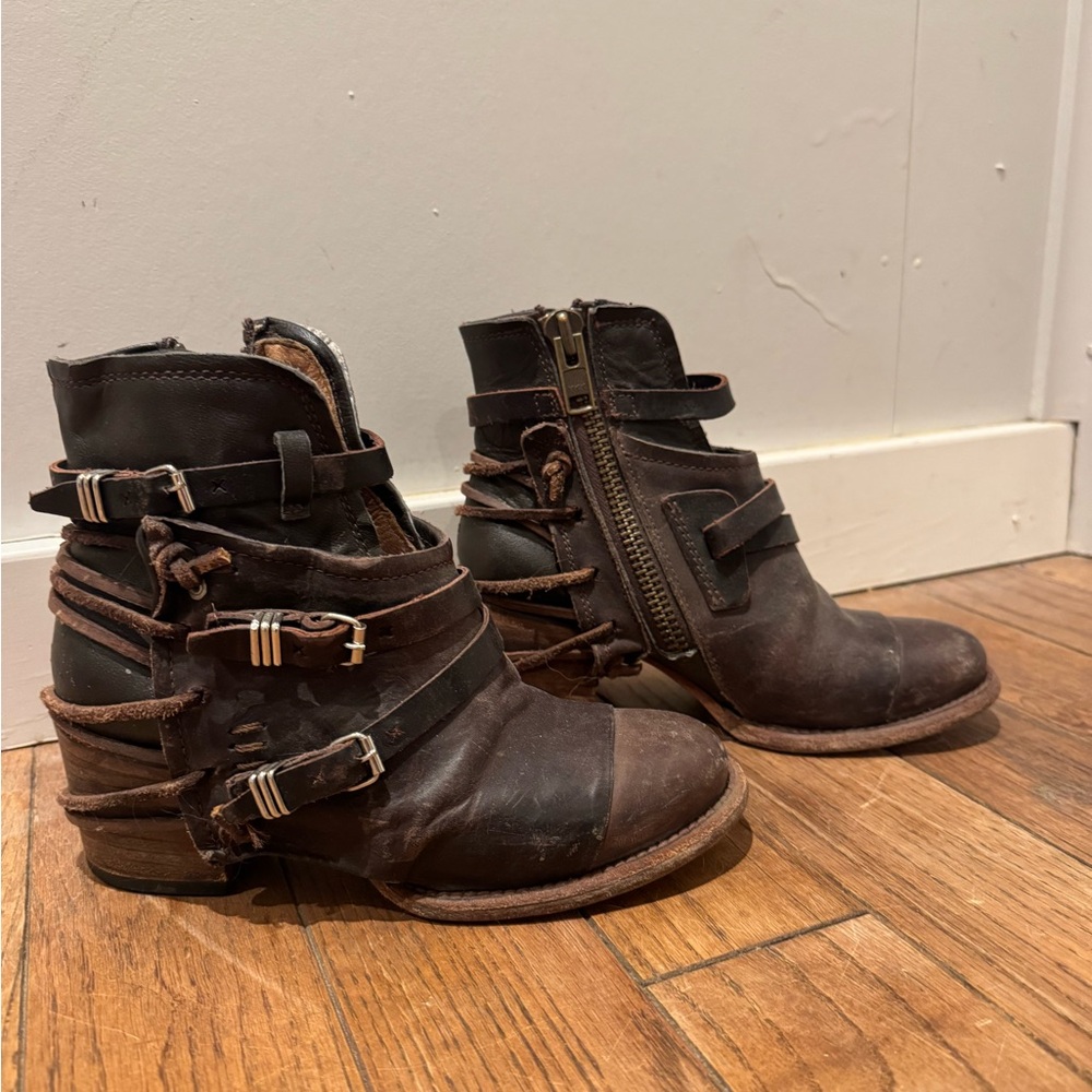 Freebird Brown Leather Ankle Boots with Buckle Straps